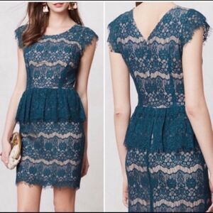 Maeve for Anthropologie Emerald Green Lace Elsa Peplum Waist Dress